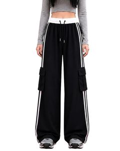 Pantalones Cargo Anchos Personalizados para Mujer, Color Negro, con Rayas Laterales Blancas, Cintura Alta, Estilo Urbano, Corte Holgado, Joggers Casuales - Product Image 1