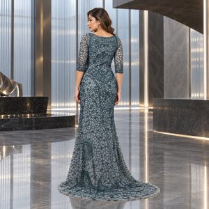 Steel Blue Embellished Evening Gown | Scoop Neck 3/4 Sheer Sleeve Floor Length A-Line Formal <b>Dress</b> with Ornate Pattern Detailing - Product Image 2