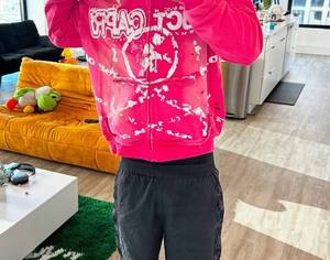 <b>Pink</b> Oversized Zip-Up Hooded <b>Sweatshirt</b> <b>Men's</b> Fleece Casual Streetwear Regular Fit Front Print Design Eco-Friendly 100% Cotton - Product Image 3