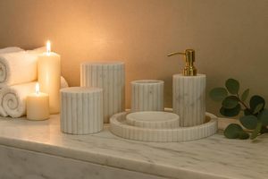Premium bath collection <b>soap</b> dispenser <b>set</b> marble vanity tray toothbrush holder bathroom organiser white marble decor elegant - Product Image 2