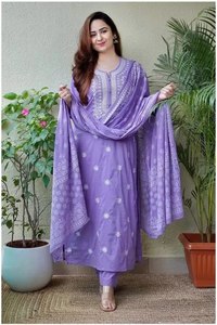 Embroidered Cotton Salwar Kameez Set with Dupatta Women Traditional Loose Fit <b>Ankle</b>-Length Casual Wear India Pakistan Style - Product Image 3
