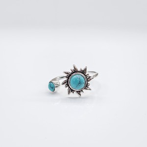 Handcrafted 925 Sterling Silver Round Turquoise Sun Flower <b>Ring</b> <b>Adjustable</b> Bohemian Gemstone Jewelry for Women - Product Image 1