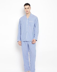 Ensemble de pyjama pour homme à manches longues rayé bleu et blanc en coton, vêtements de nuit décontractés avec poche, pour le printemps - Product Image 1
