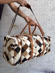 Hottest Arrival Cowhide Fur <b>Leather</b> Luggage <b>Bags</b> Checks Design Handmade <b>Bag</b> Unisex Travel <b>Bag</b> Multi Uses Big Size Duffel <b>Bag</b> - Product Image 2