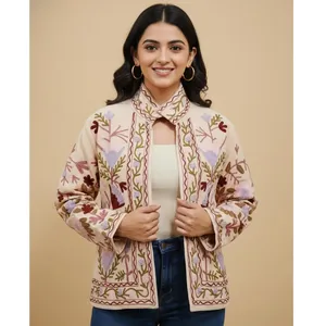 Veste en coton crème pour femmes, brodée Suzani, florale, bohème, ethnique, faite à la main, vintage, décontractée - Product Image 3