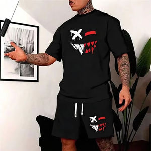 ชุดเสื้อยืดผ้าฝ้ายออร์แกนิค100% พิมพ์ลาย3D ใหม่ชุดกางเกงขาสั้นมีสไตล์พรีเมี่ยมสำหรับผู้ชายชุดเสื้อกางเกงขาสั้นระบายอากาศได้ตามต้องการ - Product Image 1