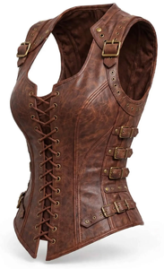 <b>Women</b> Vintage Brown Genuine Leather Corset Vest with Lace-Up Front Adjustable Buckle Straps Steampunk Biker <b>Waistcoat</b> Custom - Product Image 4