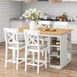 Solid Wood Farmhouse Counter Height Dining Table Set 60\"Lx30\"W 3 Tier Storage Shelves & 4-5 Upholstered Dining Chairs - Product Image 6