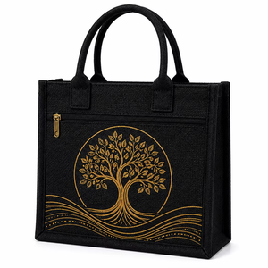 Black Laminated Jute Tote <b>Bag</b> <b>Tree</b> Print Eco-Friendly Reusable Shopping <b>Bag</b> Rope Zipper Pocket Wholesale Exhibition Wedding - Product Image 1