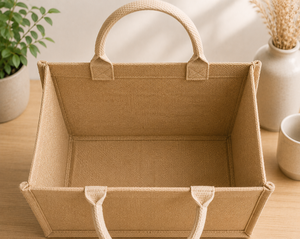 Sac de courses en jute de taille moyenne avec motif de feuilles brodé et poignée supérieure - Product Image 5