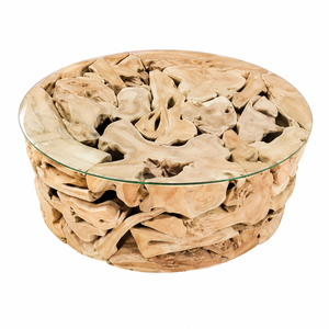 Mesa de Centro Aruna de Madera de Teca, Estilo Rústico, Teca Natural de Primera Calidad, Tapa Redonda de Vidrio, para Hotel, Villa, Sala de Estar, Venta al Por Mayor - Product Image 1