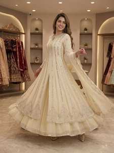 Georgette Sequence Embroidery with Real Mirror Work Floor-Length Party Gown <b>Lehenga</b> Lace Dupatta for <b>Women</b> - Product Image 1