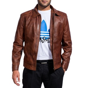 Veste en cuir authentique en cuir d'agneau marron avec col de style chemise classique et coupe ajustée, look décontracté - Product Image 1