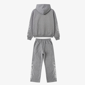 2026 350 GSM Cotton French Terry Gray Hooded <b>Sweatshirt</b> Set Full Sleeve Letter Print 100% Cotton Regular Fit Autumn Wear Side - Product Image 2
