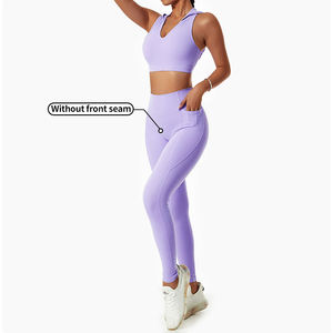 Ensemble de yoga pour femme : Crop top violet à col en V et dos nageur, leggings longs taille haute sans coutures avec poches - Product Image 1