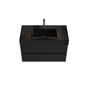 Mobile bagno Grace da 36 pollici in noce con lavabo in quarzo nero opaco, cassetti neri opachi, design sospeso a parete - Product Image 6