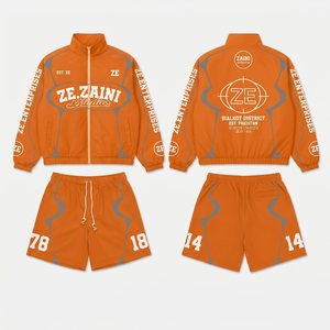 Conjunto de Chaqueta y Pantalones Cortos Casuales de Invierno para Hombre, en Poliéster Taslon de 110 GSM, Color Sólido Naranja y Gris, Paneles en Contraste, Personalizado con Serigrafía y Bordado - Product Image 1