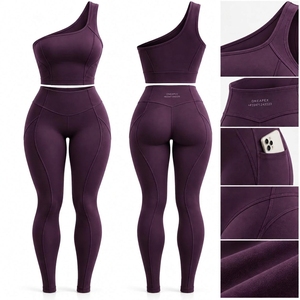 Womens Purple One Shoulder Yoga Set High Waist <b>Pocket</b> <b>Leggings</b> Gym Fitness Workout Activewear Two Piece Sportswear Set - Product Image 3