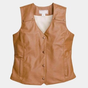 Gilet en cuir véritable camel pour femme, tricoté, style streetwear western, avec fermeture éclair - Product Image 3