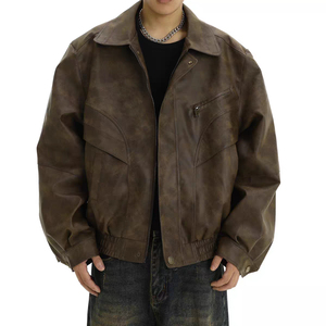 Chaqueta Informal para Hombre HARAZ INTERNATIONAL, de Cuero PU Marrón, con Frente de Tela No Tejida, Cuello Camisero, Cierre de Cremallera, Ajuste Holgado, Resistente al Viento - Product Image 1