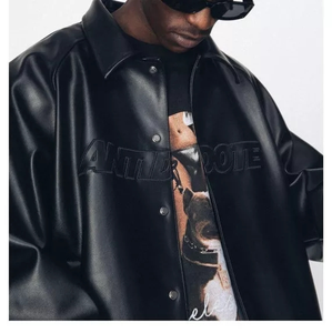 Chaqueta de Cuero Genuino para Hombre con Logotipo en Relieve 3D, Cuello Byron, Botones a Presión, Chaqueta Bomber de Cuero Extra Grande, Elegante para el Invierno - Product Image 3