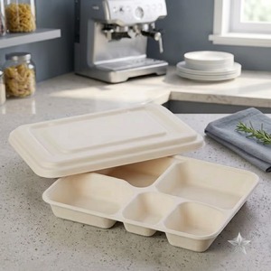Barquette jetable à 5 compartiments en fibre de pulpe de canne à sucre avec couvercle, blanche - Product Image 2