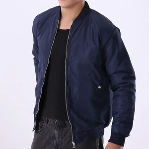 Men's Navy Blue Bomber <b>Jacket</b> Solid Color Zipper Closure Casual Style Polyester Shell Regular Fit Autumn Wear - Product Image 1