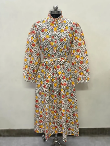 Vestido Midi Casual de Algodón para Mujer, Mangas Abullonadas, Cintura Imperio, Estilo Babydoll, Estampado Floral de Verano, Cuello en V Extra Grande - Product Image 3