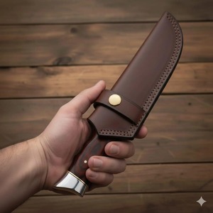 Couteau de poche artisanal en acier inoxydable de qualité industrielle avec manche en bois et étui en cuir, lame droite à pointe clip - Product Image 3