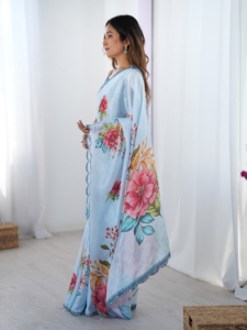 Elegante Saree Tradicional Azul Claro con Borde de Encaje de Espejo de Secado Rápido para Mujer, Saree Indio para Fiestas - Product Image 5