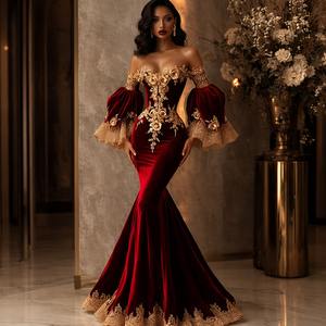 Robe de soirée moulante en velours rouge, col transparent, manches papillon à volants, épaules dénudées, demi-manches, robe de cérémonie, broderie artisanale - Product Image 1