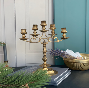 Gorgeous gold five arm <b>candelabra</b> showcasing ornate scrollwork branches and slender tapers, available at wholesale prices. - Product Image 4