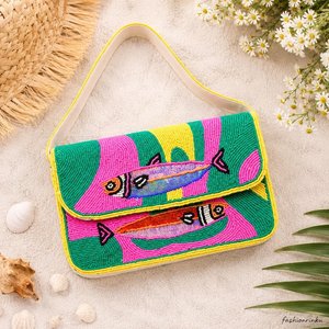 ALI FASHION ART กระเป๋าสะพายทรงสี่เหลี่ยมปักลายดอกไม้ทำมือ ลูกปัดแก้ว ด้ายโพลีเอสเตอร์ ลายทางสีเขียวชมพู ซักได้ - Product Image 5