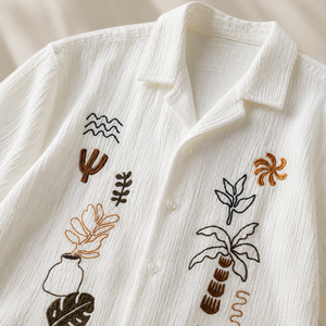 เสื้อเชิ้ตผู้ชายผ้าฝ้ายปักลายหรูหราสีงาช้าง แขนสั้น สไตล์ลำลองสำหรับฤดูร้อน ลายใบปาล์ม - Product Image 2