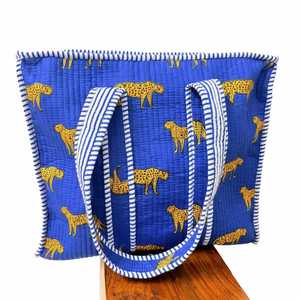 Quilted Leopard Print Canvas Tote <b>Bag</b> Striped Handle Open Shopping <b>Travel</b> Shoulder <b>Handbag</b> - Product Image 4