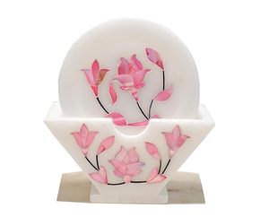 Handcrafted White <b>Marble</b> <b>Coaster</b> with Seashell Stone Inlay Elegant Table Decor - Product Image 4
