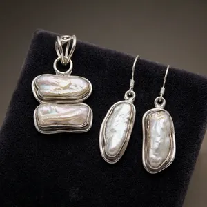 Biwa Pearl 925 Sterling Silver Fashion Pendant Earrings Jewelry Set With Elegant Handmade Design For Women Everyday Wear - Product Image 3