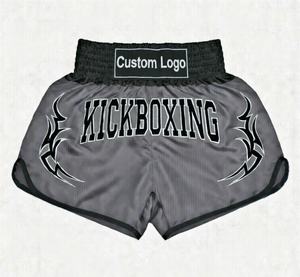 Pantalones Cortos de Muay Thai con Logotipo Personalizado, Pantalones de Lucha de Satén para Kickboxing, Bordado de Llama Azul y Negra, Unisex, Venta al Por Mayor - Product Image 3