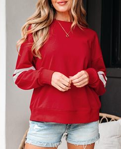 Sudadera Roja Extra Grande para Mujer con Cuello Redondo y Mangas con Rayas Blancas, Color Sólido, Tejida, Manga Larga, Ropa Casual de Otoño - Product Image 2