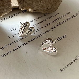 S925 Sterling <b>Silver</b> Korean Style Niche Design Textured Heart Basic <b>Stud</b> Earrings Simple Ear Jewelry - Product Image 2