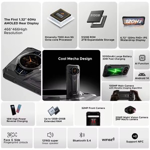 DOOGEE S200 Plus 5G โทรศัพท์มือถือ AI รุ่นทนทาน ระบบปฏิบัติการ Android 15 ชิปประมวลผล Dimensity 7300 หน้าจอหลัง 1.32 นิ้ว หน่วยความจำ 16GB ความจุ 512GB หน้าจอหลัก 6.72 นิ้ว แบตเตอรี่ 11000mAh สมาร์ทโฟน - Product Image 2