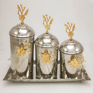 ภาชนะเก็บอาหารพร้อมฝาปิดสำหรับใส่ขนม ขวดโลหะสแตนเลสสีทองลายดอกไม้ กระปุกเก็บอาหารสุญญากาศสำหรับห้องครัว - Product Image 1