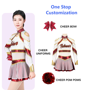 Uniforme de cheerleading avec logo en strass blanc, rouge et or sur le devant, haut à manches longues et jupe, tenue d'équipe pour adultes - Product Image 4