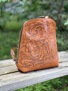 2026 New Stylish Hot Fashionable Hand Tooled Florals Carved 100% Genuine Leather Student Backpack Western Stylish Brown Backpack - Product Image 4