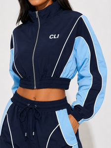 Ensemble de survêtement décontracté pour femme, coupe-vent color block, avec passepoil réfléchissant personnalisé, veste courte et pantalon large, vente en gros, athleisure, ODM - Product Image 2