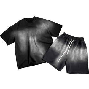 Conjunto de dos piezas Glory Custom Acid Wash, camiseta y pantalones cortos tipo jogger, 100% algodón, tela suave y transpirable, para ropa urbana unisex. - Product Image 2