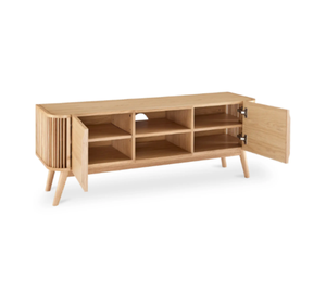 Modern Scandinavian Solid Teak Wood <b>TV</b> <b>Stand</b> Entertainment Center Wooden Media Console Cabinet with Slatted Side Panels - Product Image 3