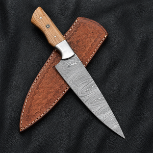 Couteau de chef artisanal sur mesure, extra-affûté, en acier Damas forgé, manche en bois, étui en cuir, lame de 7 pouces - Product Image 5