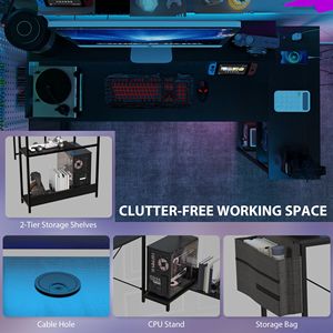 58\" Reversible L Shaped <b>PC</b> Desk Corner Desk with Monitor <b>Stand</b> Power Outlets LED Lights Bookshelf Black - Product Image 4