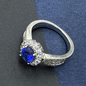 Halo <b>Set</b> Oval Cut Blue Gemstone Diamond Wedding Engagement <b>Ring</b> Baguette Side Stone 925 Sterling <b>Silver</b> Trendy Anniversary Gift - Product Image 5